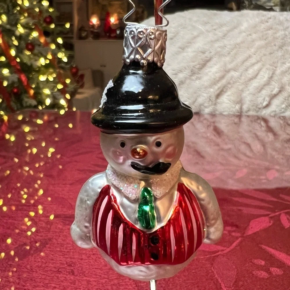 INGE-GLAS Glass Ornament Mercury Christmas Snowman Pipe Tie 3